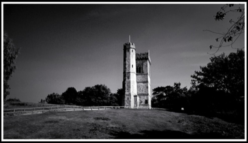 a black and white landscape photo of leith hill tower from further down the hill.