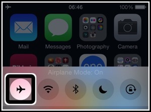 A screenshot of my iphone showing the Voiceover cursor surrounding the enabled airplane mode button on the control centre.