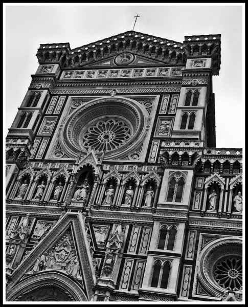 A black and white photo of the top of cathedral of Florence