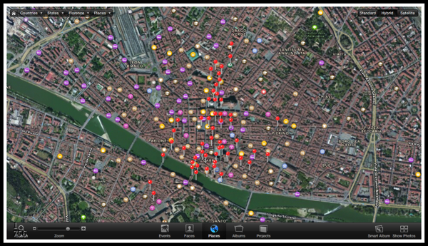A satalite map of florence with red map pins scattered around showing where i'd taken photos