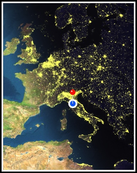 Map of Europe with a blue dot on Italy